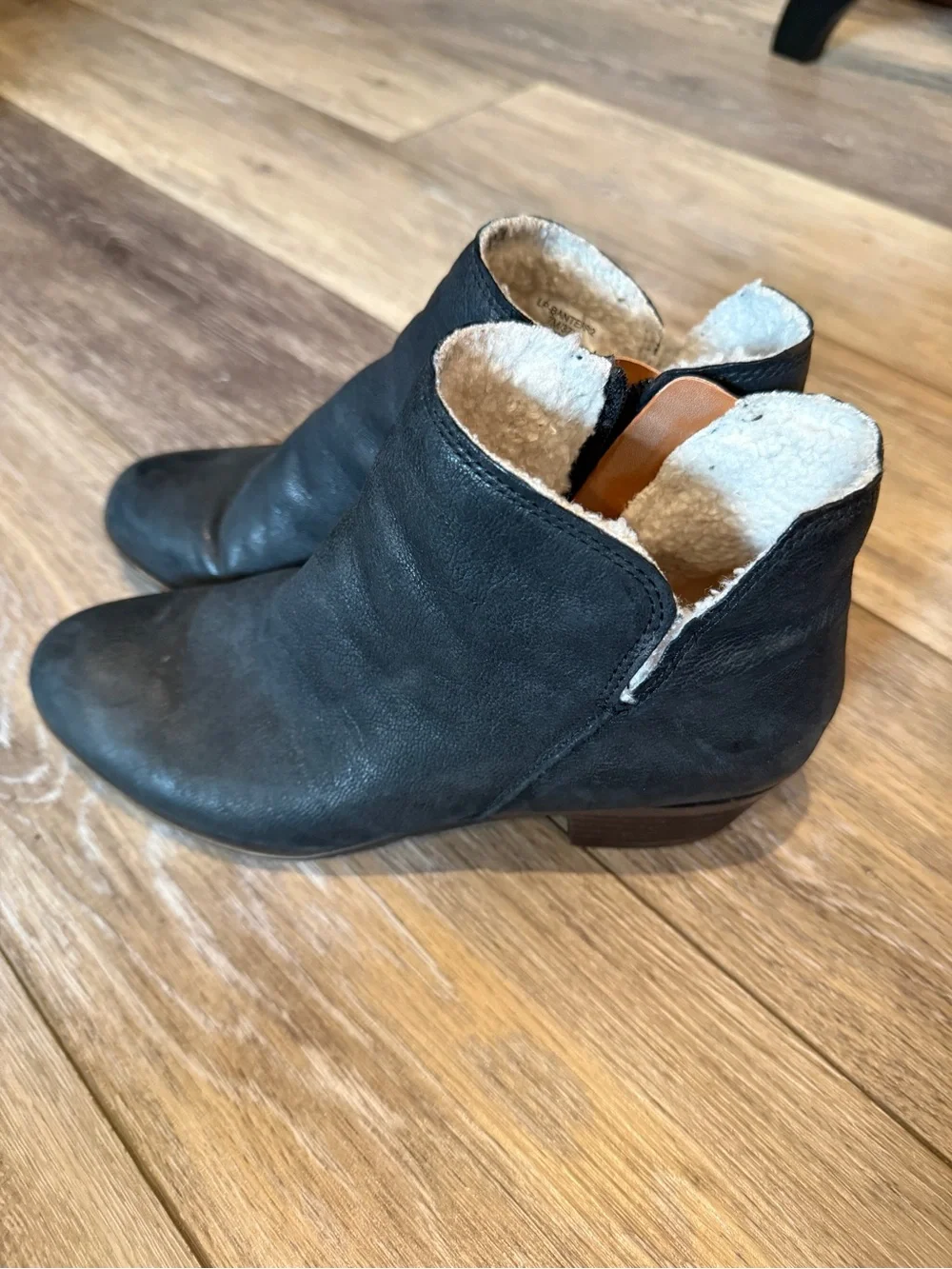 Lucky Brand Black Leather Ankle Booties with Shearling Trim